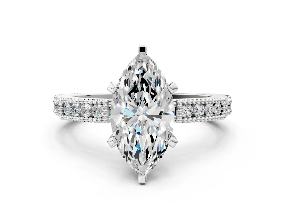 Marquise Cut Solitaire with Pavé Band and Four-Prong Setting Silver