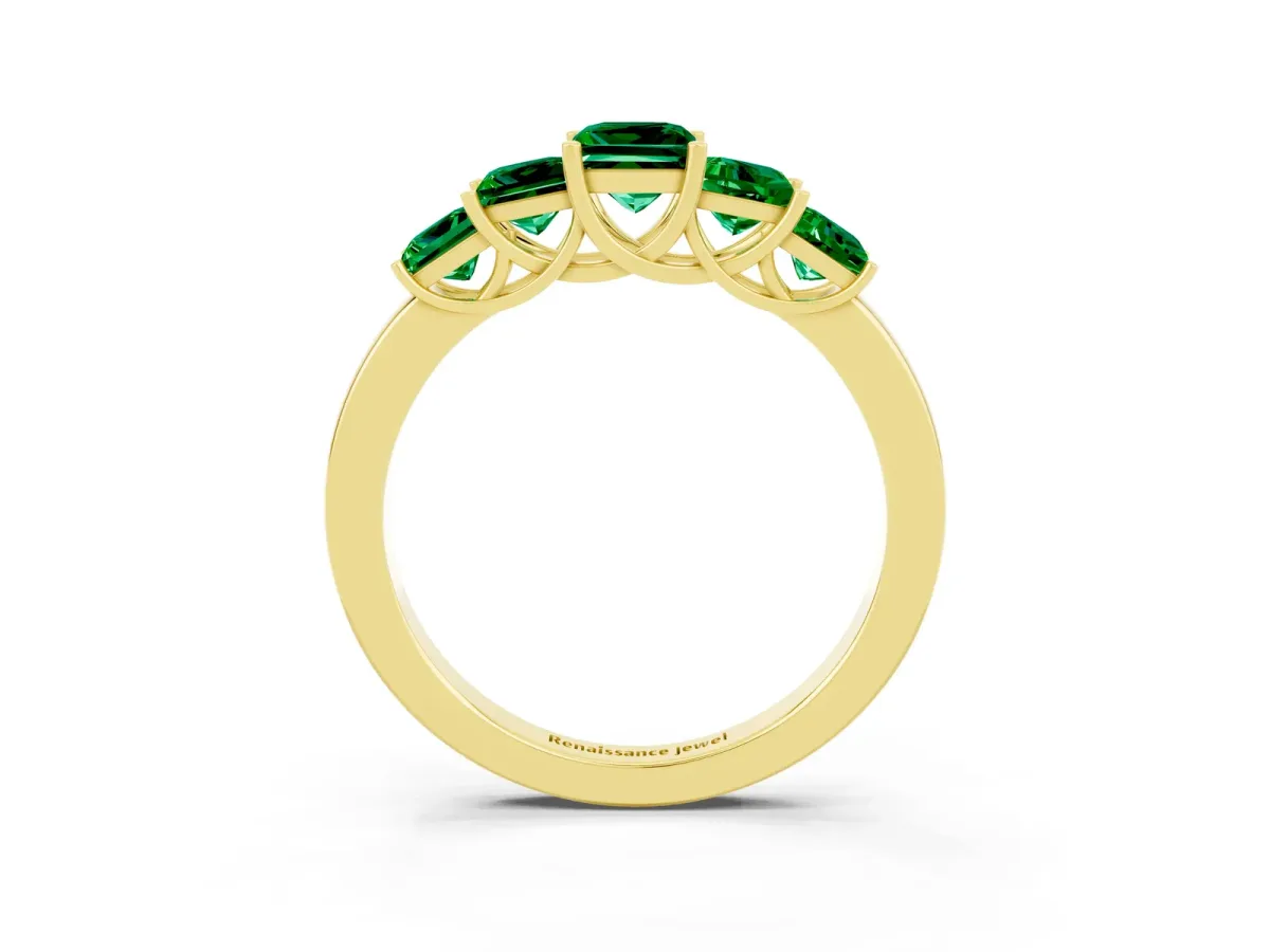 Princess Cut Five-Stone Emerald Ring with Classic Prong Setting Yellow gold