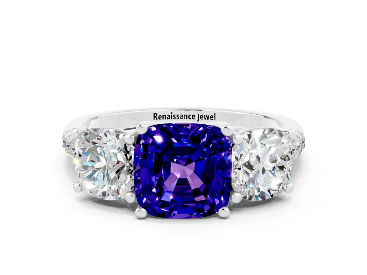 Three-Stone Cushion Cut Tanzanite Ring with Round Pavé Band and Prong Setting Silver