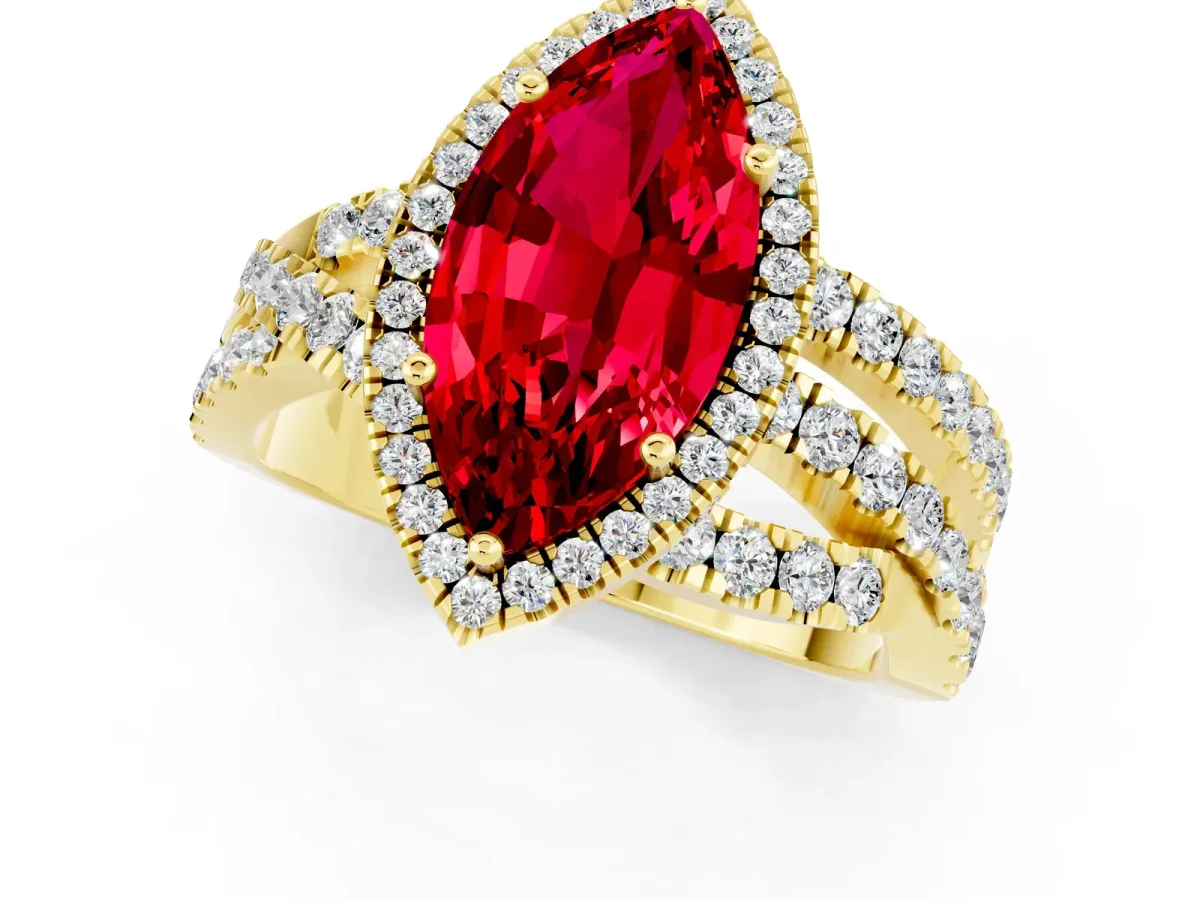 Marquise Cut Ruby Halo Ring with Round Split Shank and Prong Setting Yellow gold