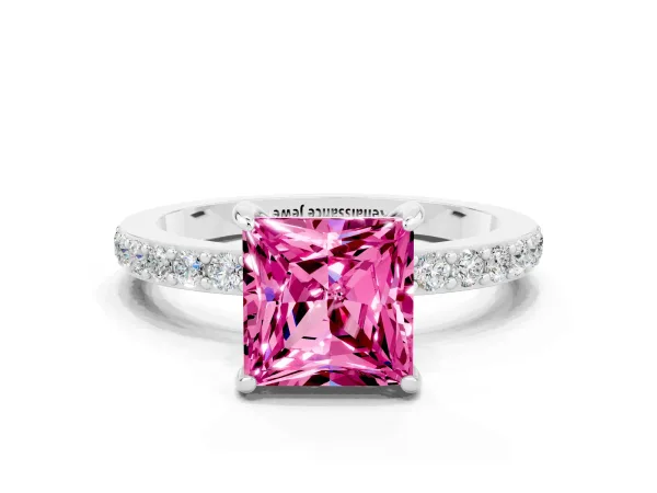 Princess Cut Pink Sapphire Solitaire Engagement Ring with Pavé Band and Four-Prong Setting Platinum