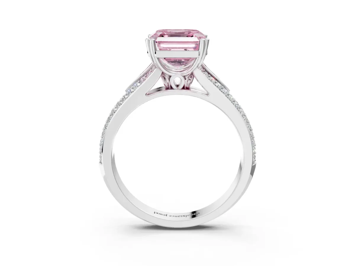 Fancy Pink Asscher Cut Diamond Split Shank Engagement Ring with Pavé Band Platinum