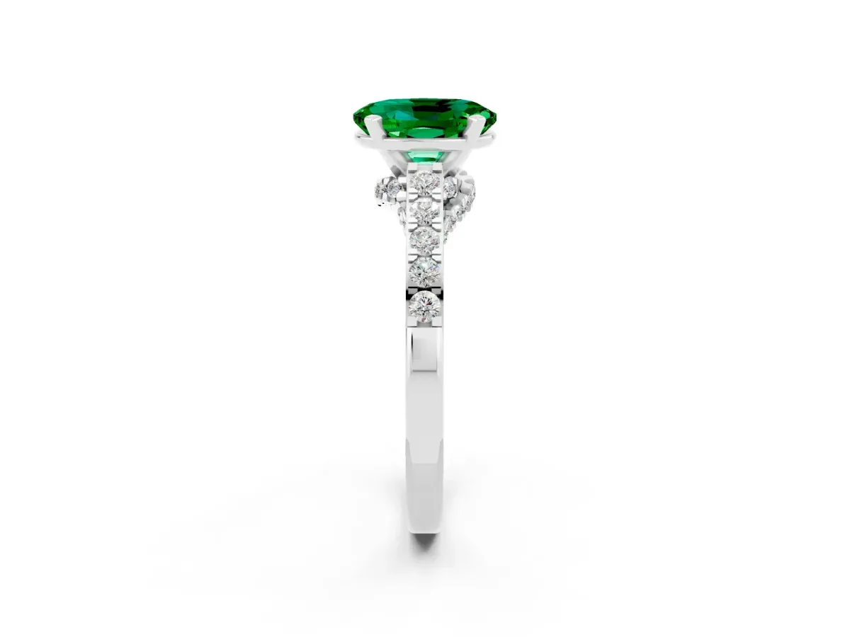 Oval Cut Emerald Solitaire Ring with Crossover Gallery and Round Pavé Band Platinum