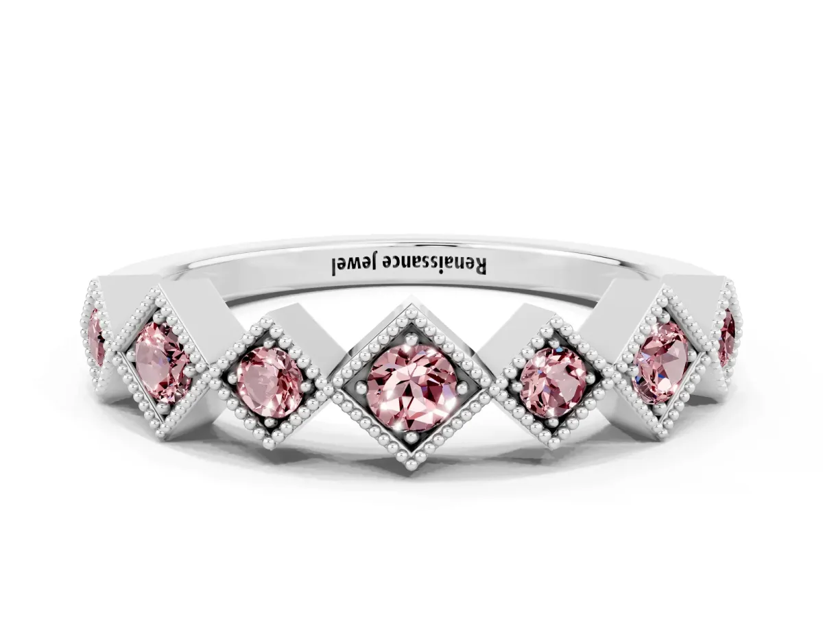 Milgrain Square Bezel Round Morganite Chevron Band Platinum