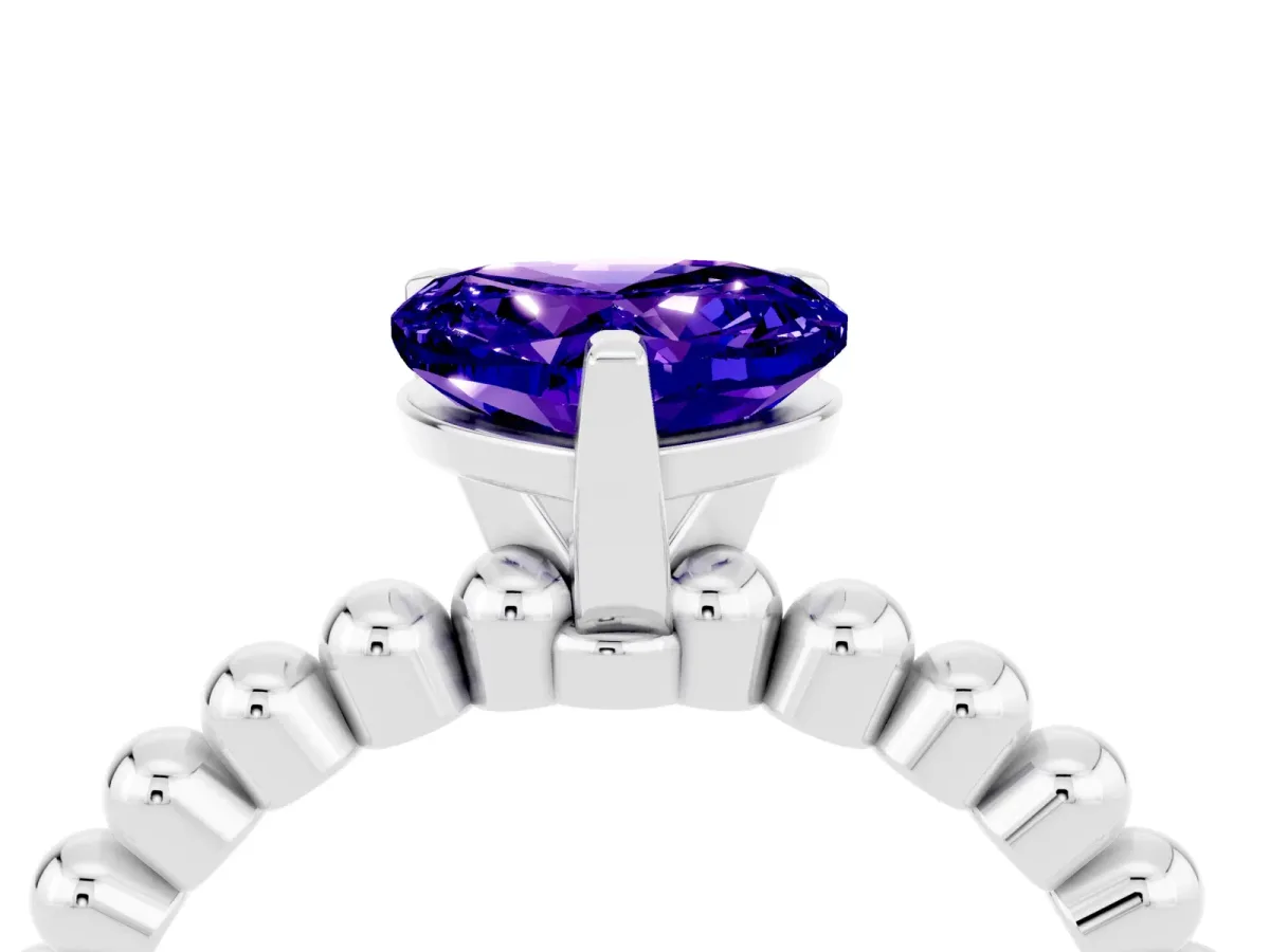 Heart Cut Tanzanite Solitaire Ring with Beaded Band and Prong Setting Platinum