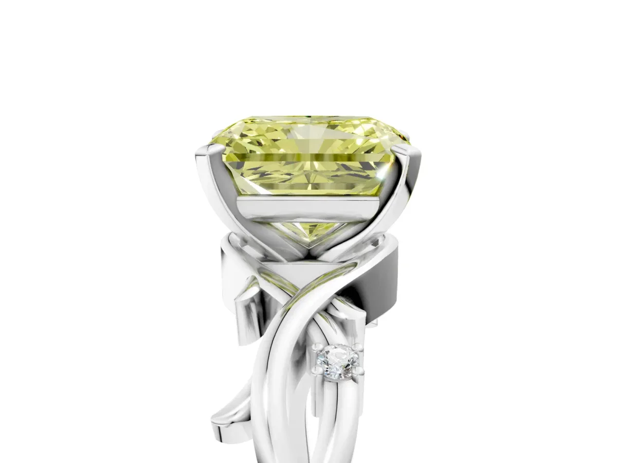Fancy Yellow Radiant Cut Diamond Solitaire Ring with Twisted Band and Prong Setting Silver