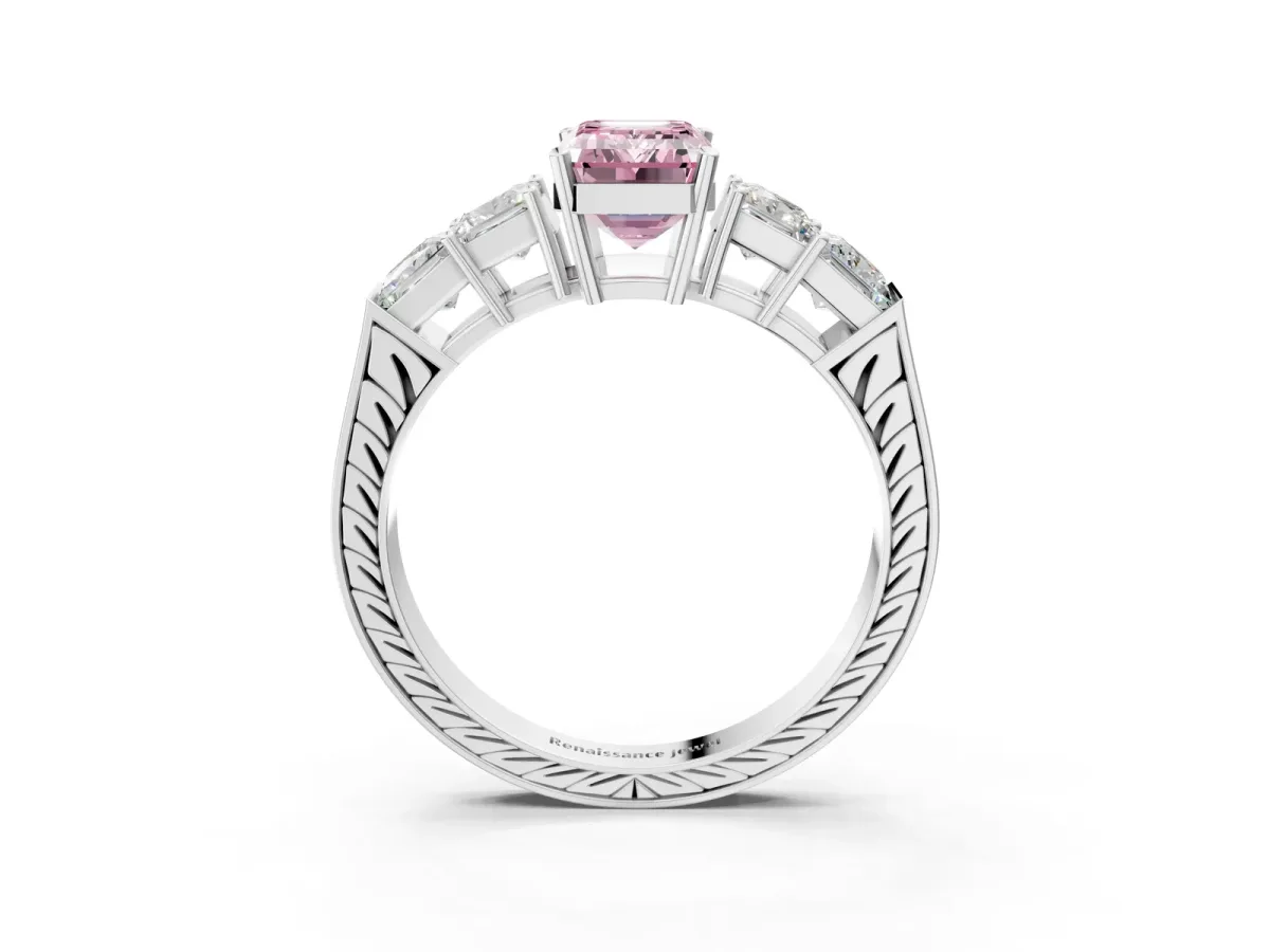 Fancy Pink Emerald Cut Solitaire Princess Side Stone Engraved Band Prong Setting Ring Platinum