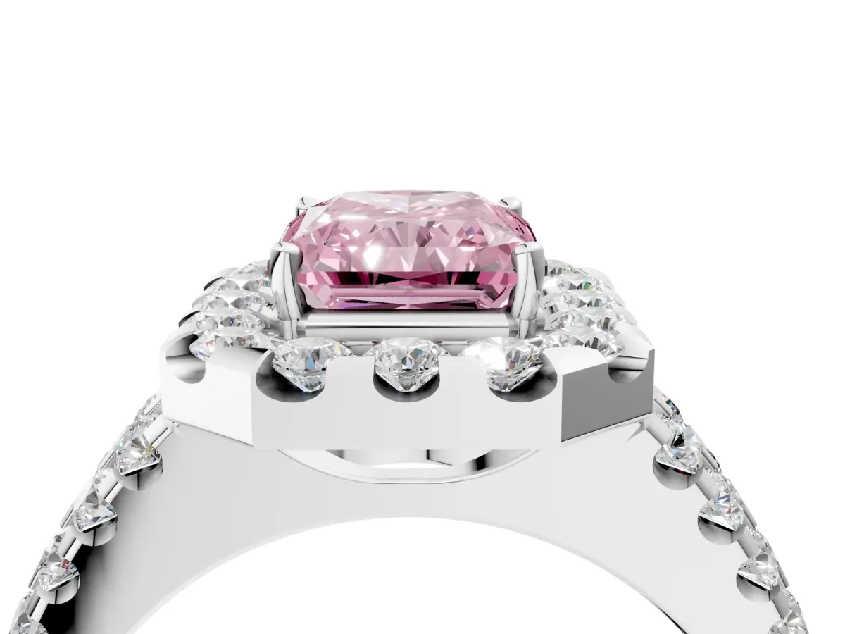 Fancy Pink Radiant Cut Halo Diamond Split Shank Engagement Ring with Prong Setting Platinum