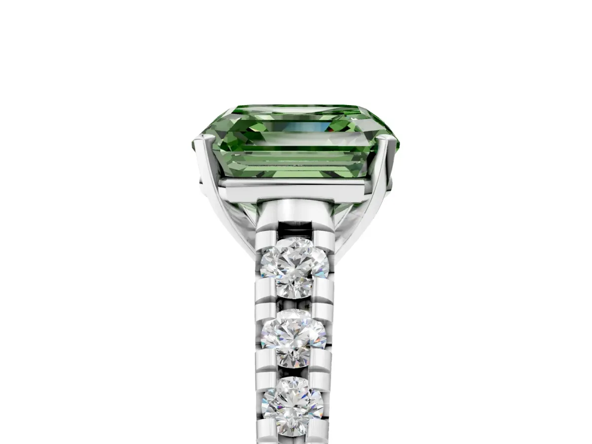 Fancy Green Asscher Cut Diamond Cathedral Solitaire Ring with Round Pavé Band Silver
