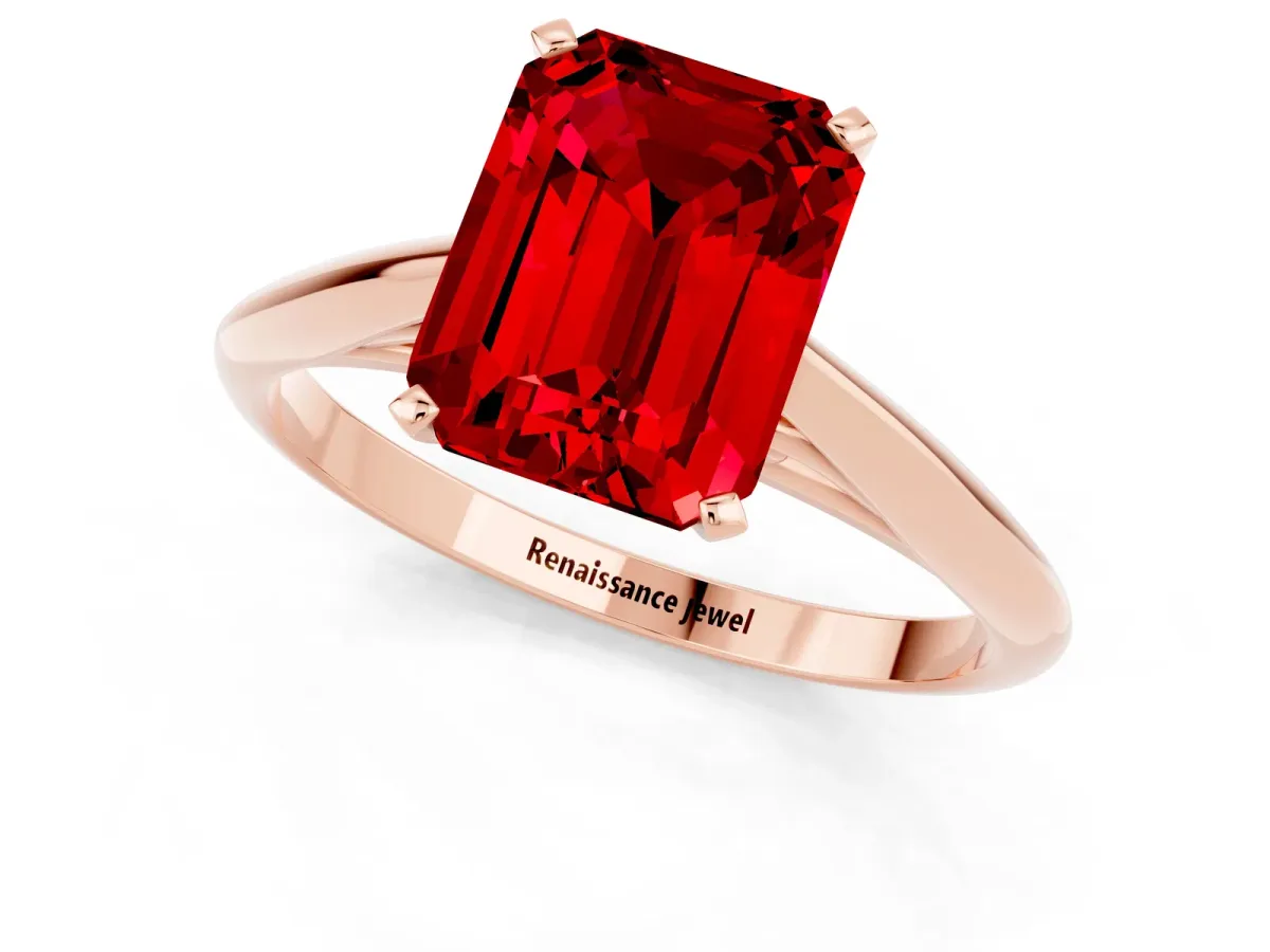 Emerald Cut Ruby Solitaire Engagement Ring with Cathedral Setting and Four-Prong Mount Rose gold