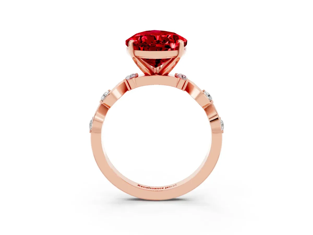Pear Cut Ruby Solitaire Twisted Band with Round Accents and Prong Setting Rose gold
