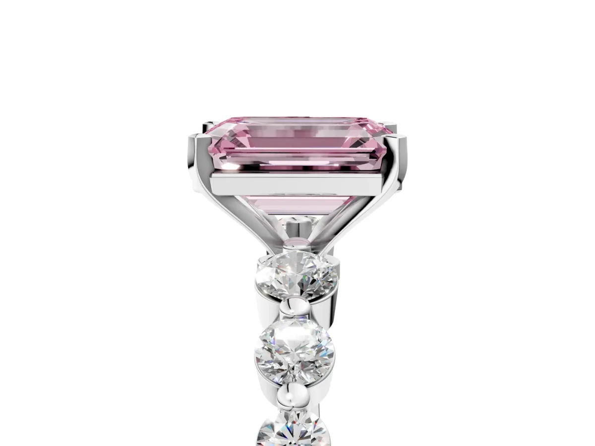 Fancy Pink Emerald Cut Solitaire Diamond Ring with Pave Band and Four-Prong Setting Platinum