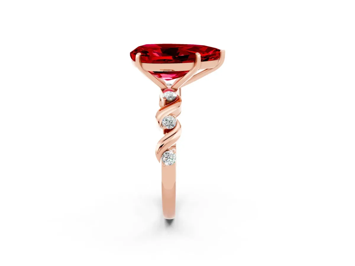 Pear Cut Ruby Solitaire Twisted Band with Round Accents and Prong Setting Rose gold