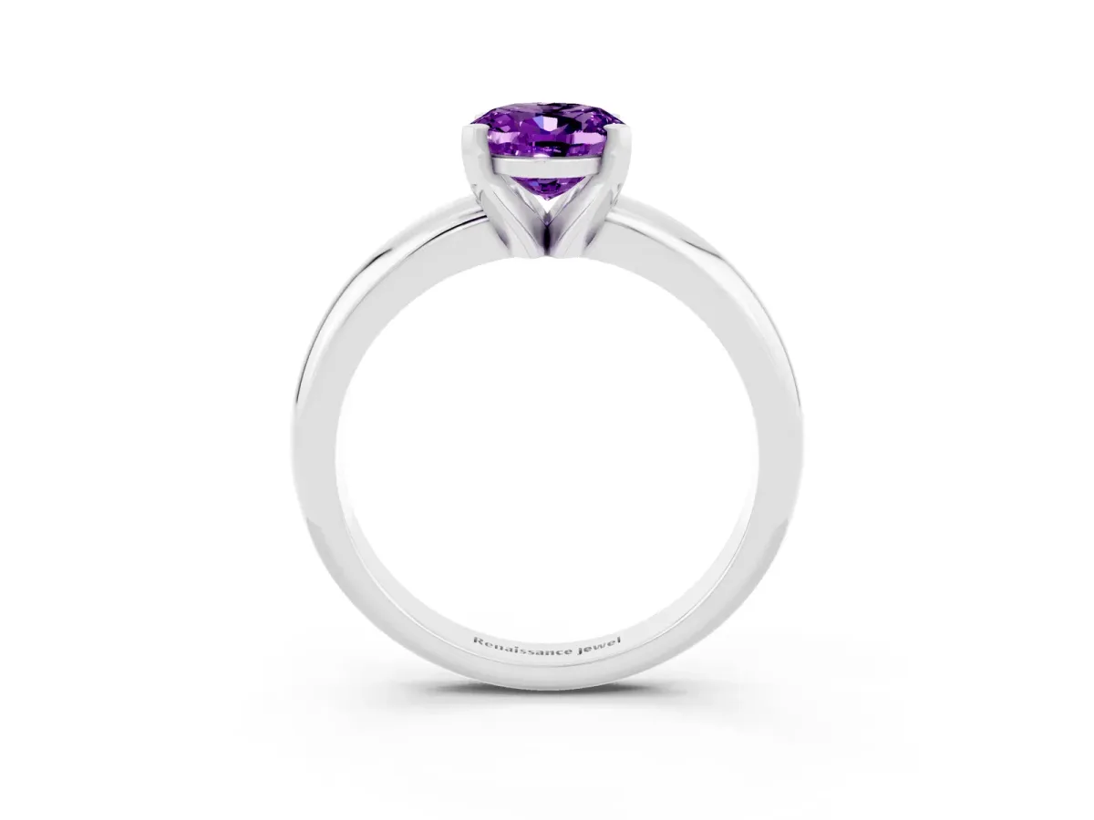 Oval Cut Amethyst Solitaire Engagement Ring with Round Band and Four-Prong Setting Silver