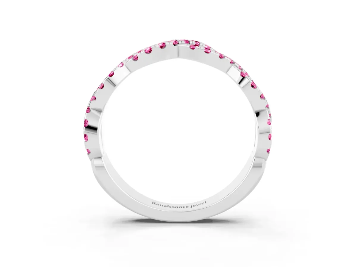 Round Pink Sapphire Twisted Eternity Band with Pavé and Shared Prong Setting Platinum