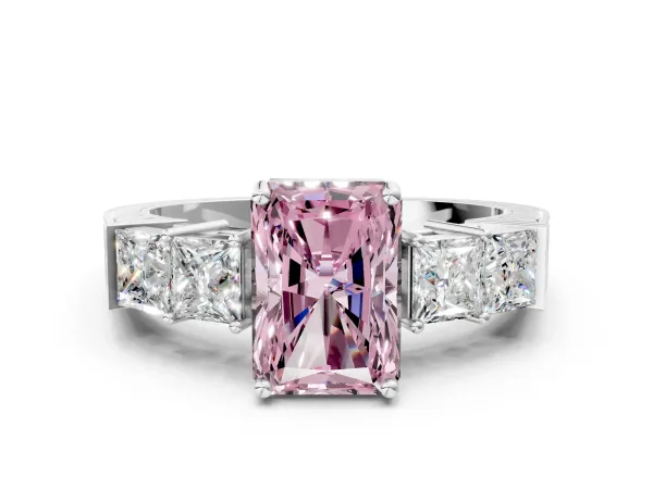 Fancy Pink Radiant Cut Solitaire Princess Side Stone Engraved Band Prong Setting Ring Platinum