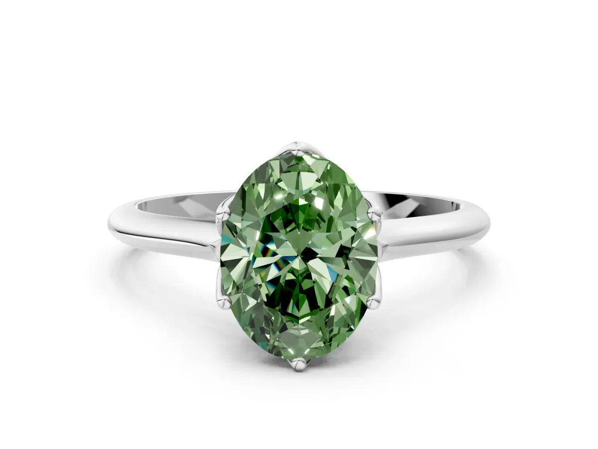 Fancy Green Oval Cut Solitaire Cathedral Diamond Ring with Six-Prong Setting Silver