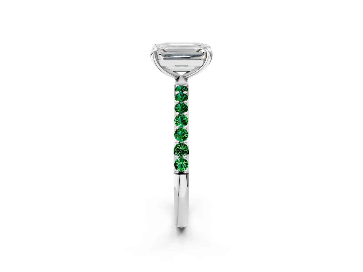 Emerald Cut Diamond Solitaire Ring with Round Emerald Pavé Band and Prong Setting Platinum