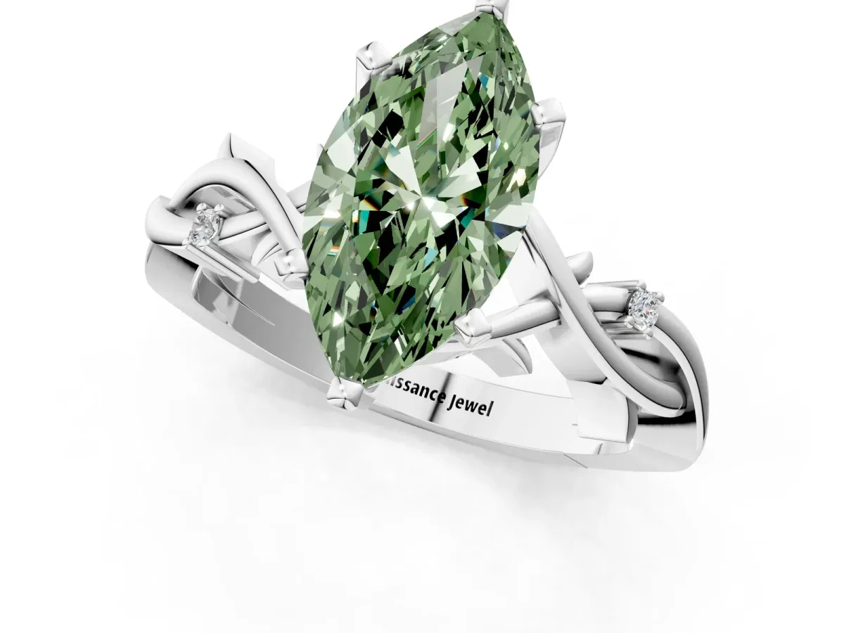 Fancy Green Marquise Cut Diamond Solitaire Ring with Twisted Band and Prong Setting Silver