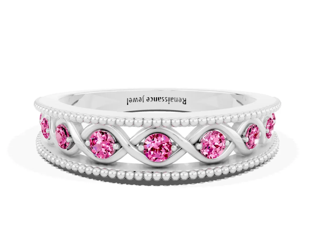 Round Pink Sapphire Twist Milgrain Band with Bezel Setting Silver