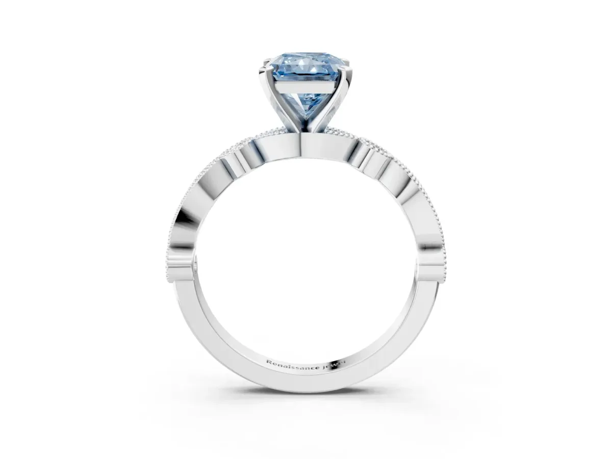 Fancy Blue Radiant Cut Milgrain Bezel Diamond Engagement Ring with Solitaire Prong Setting Platinum