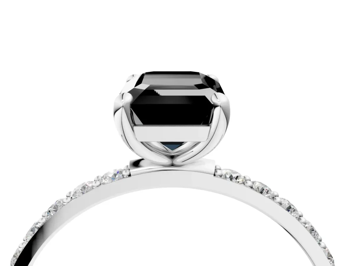 Fancy Black Emerald Cut Diamond Solitaire Ring with Round Pavé Band and Prong Setting Silver