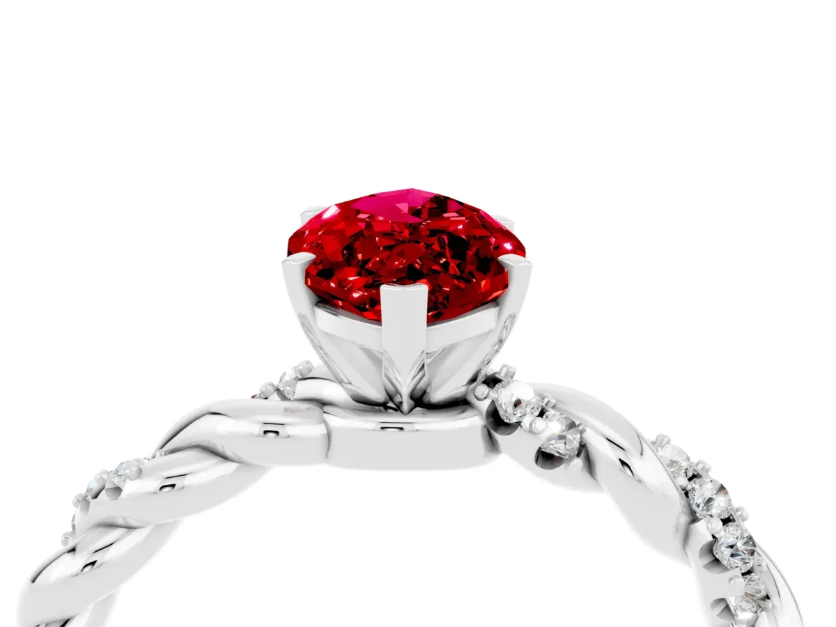 Marquise Cut Ruby Solitaire Ring with Twisted Band and Pavé Accents Platinum