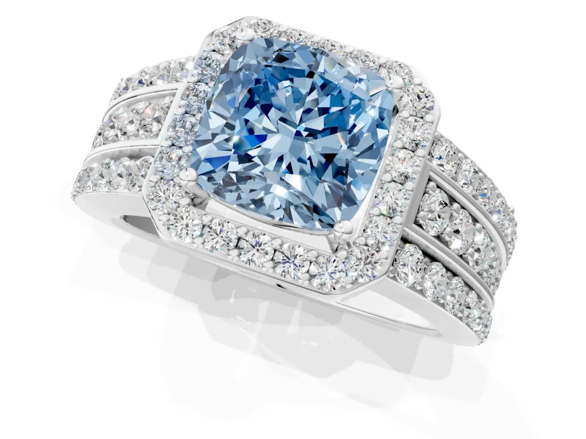 Fancy Blue Cushion Cut Halo Diamond Ring with Round Split Shank and Prong Setting Silver