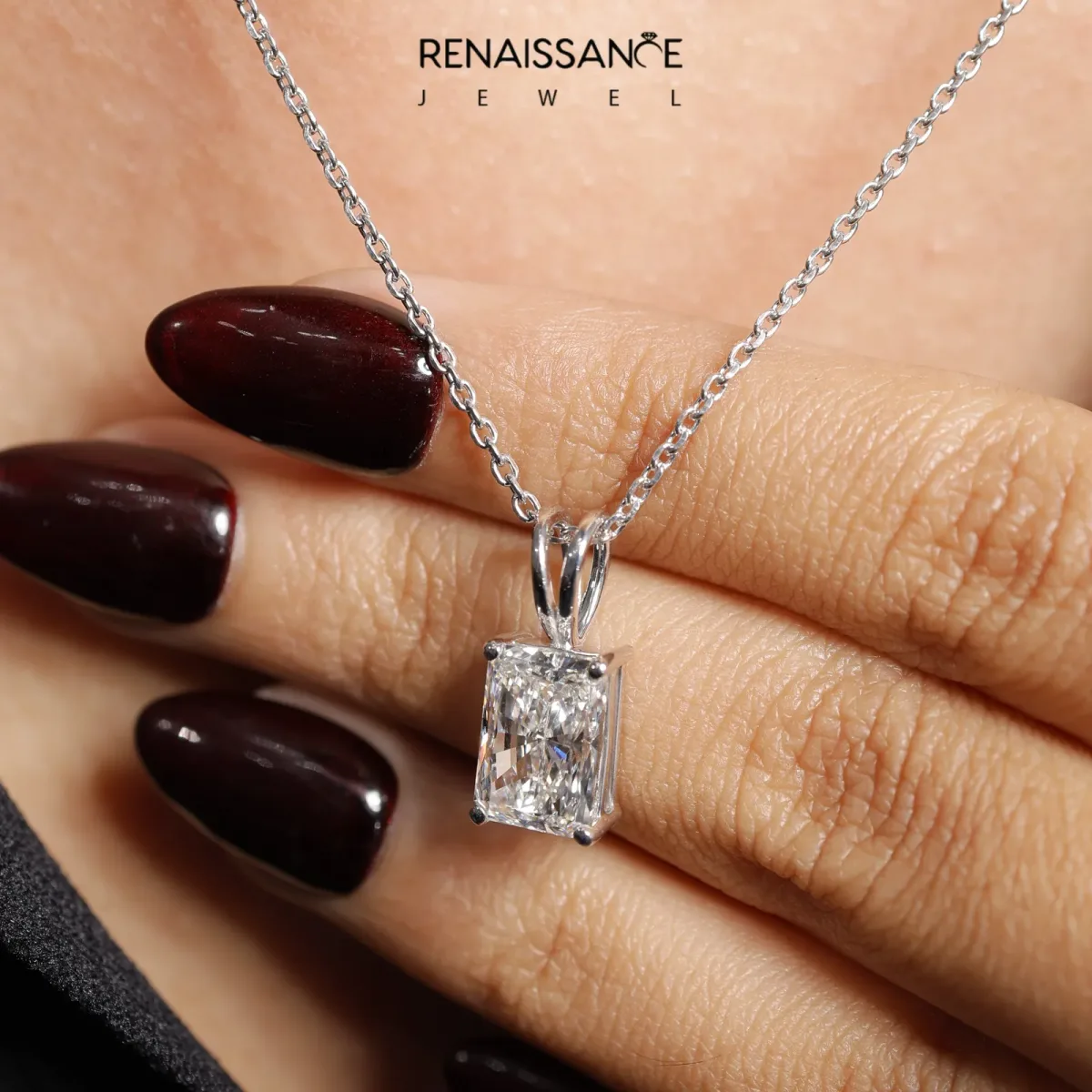 Radiant Diamond Solitaire Pendant with Four Prong Setting Silver
