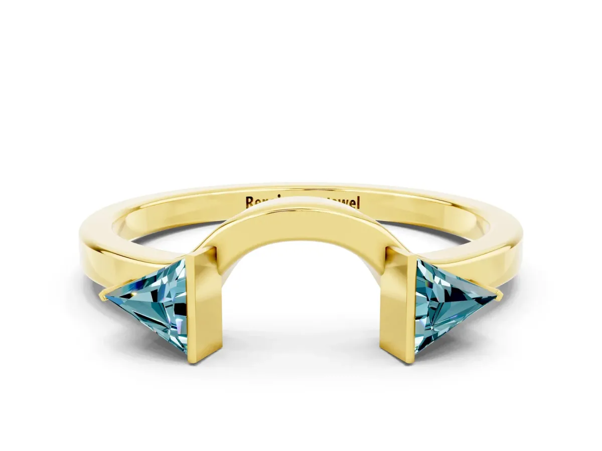 Trillion Blue Topaz Open Band Ring with Bezel Setting Yellow gold