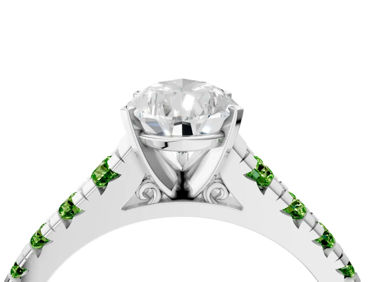 Pear Cut Diamond Cathedral Solitaire Ring with Round Peridot Pavé Band Platinum