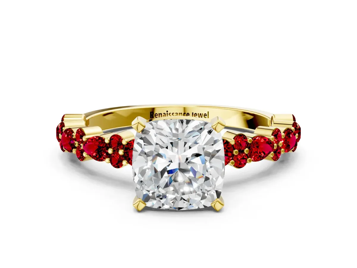 Cushion Cut Diamond Side Stone Solitaire Ring with Round Ruby and Four-Prong Setting Yellow gold
