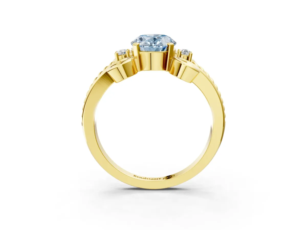 Fancy Blue Oval Cut Solitaire Twisted Band Scroll Prong Ring Yellow gold