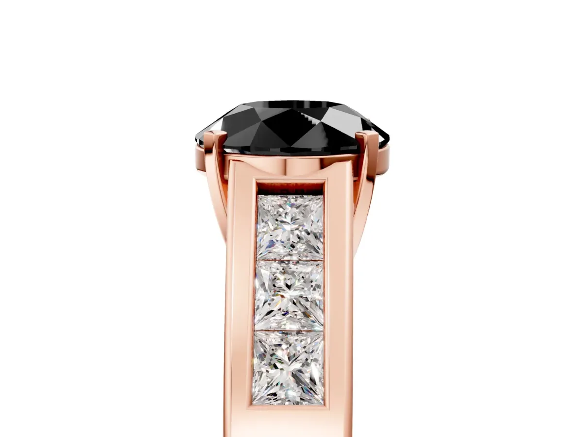 Fancy Black Round Cut Cut Channel Set Solitaire Ring with Four-Prong Setting Rose gold