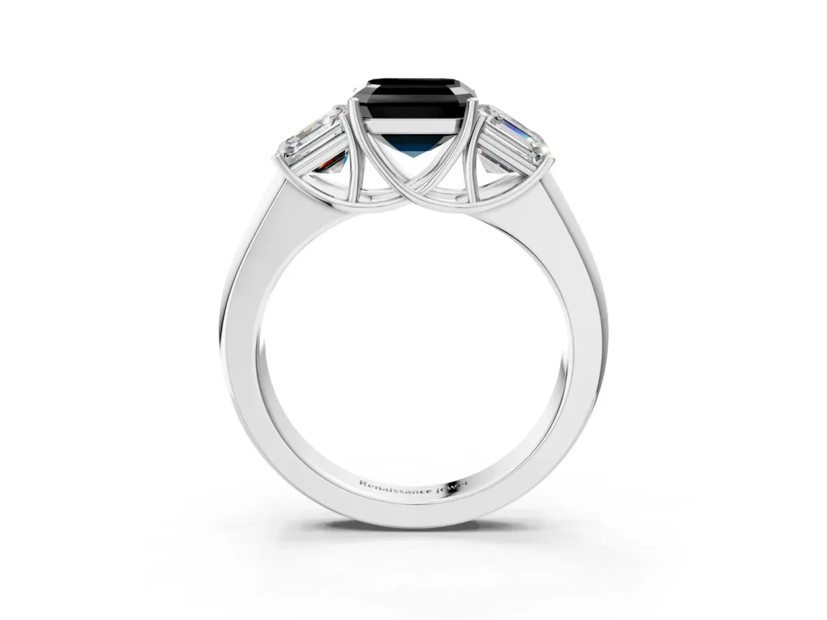 Fancy Black Three-Stone Asscher Cut Cut Diamond Ring with Prong Setting and Classic Band Platinum