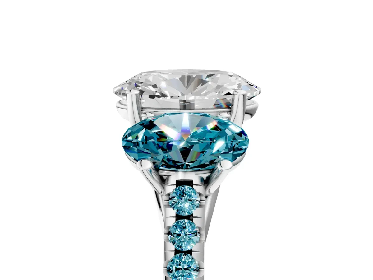 Three-Stone Oval Cut Diamond Ring with Round Blue Topaz Pavé Band and Prong Setting Silver