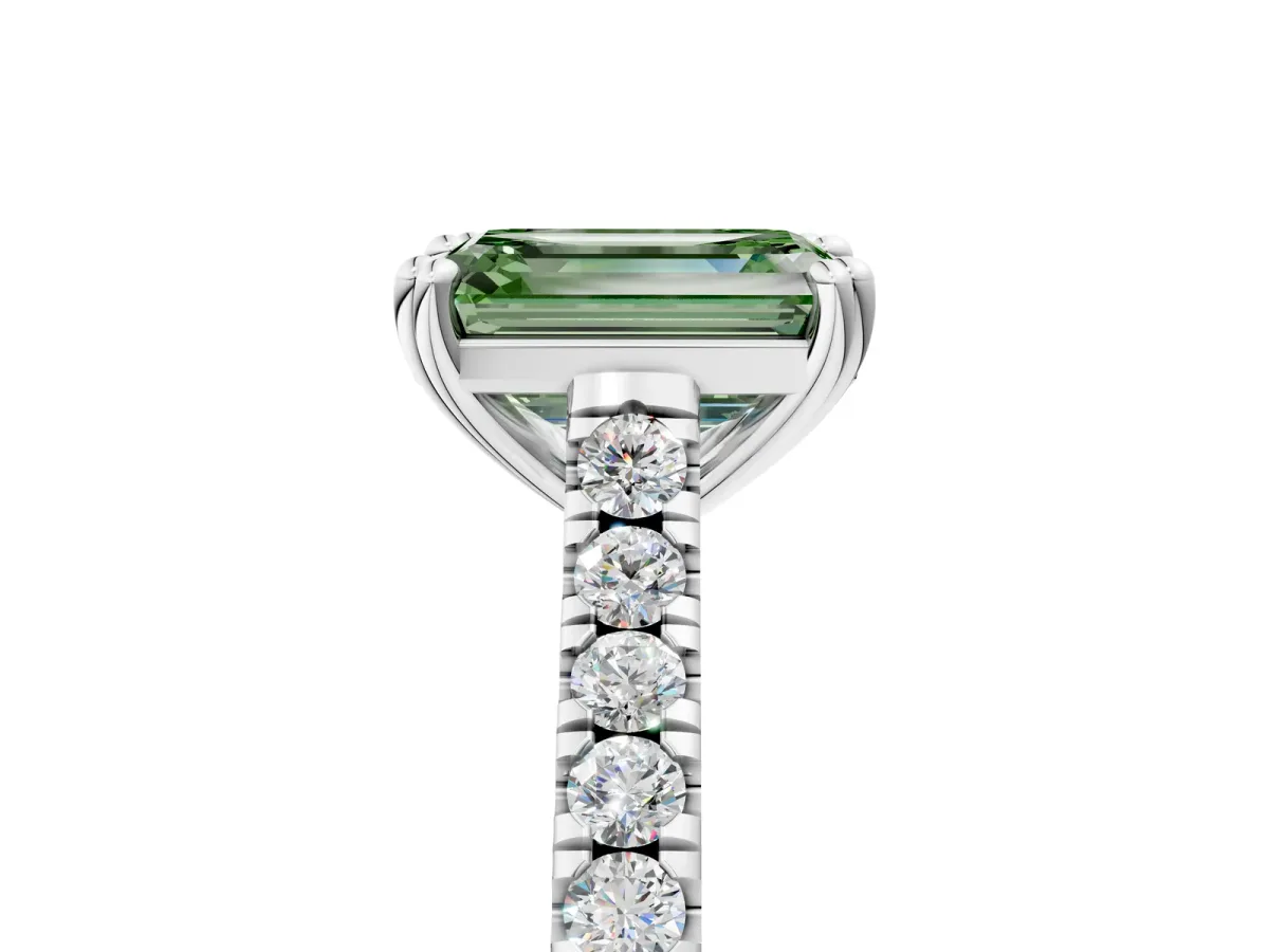 Fancy Green Emerald Cut Solitaire Pave Diamond Engagement Ring with Prong Setting White gold