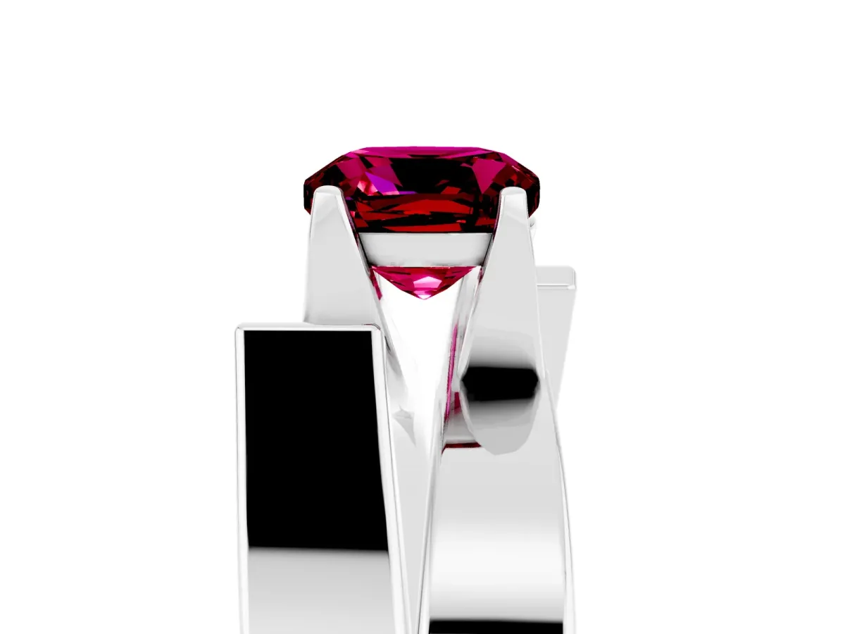 Modern Tension Set Cushion Cut Garnet Solitaire Wide Band Ring Silver