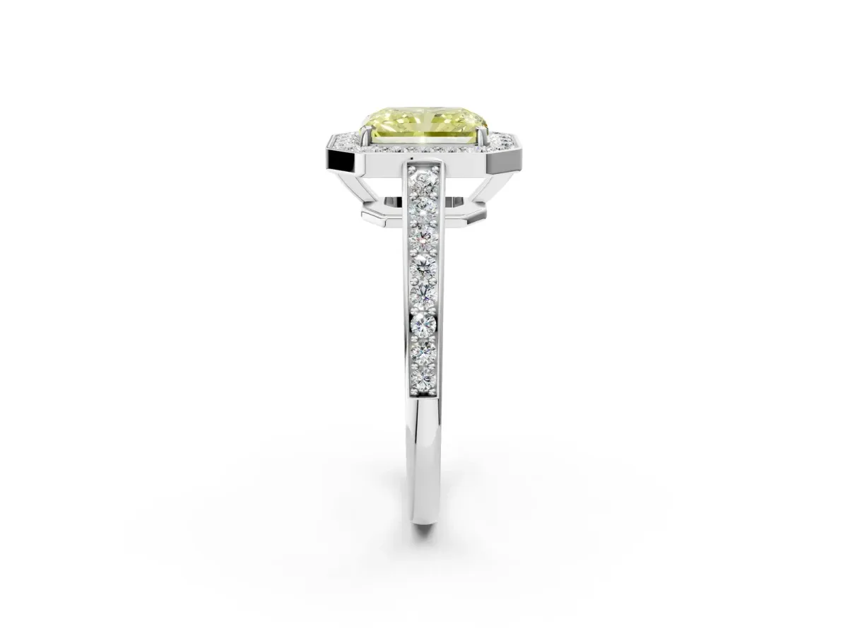 Fancy Yellow Radiant Cut Halo Pavé Diamond Engagement Ring with Bezel Setting Silver