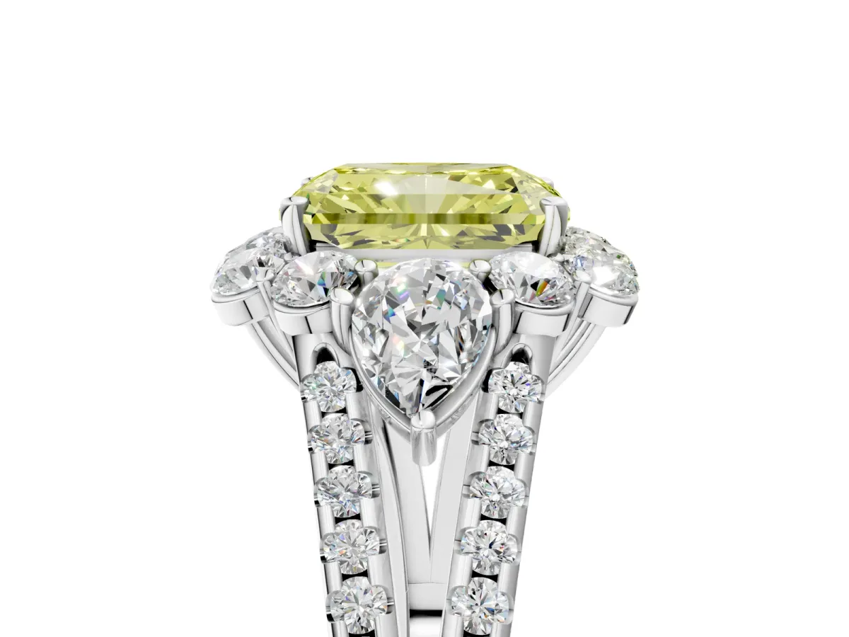 Fancy Yellow Radiant Cut Halo Split Shank Diamond Engagement Ring with Prong Setting Platinum