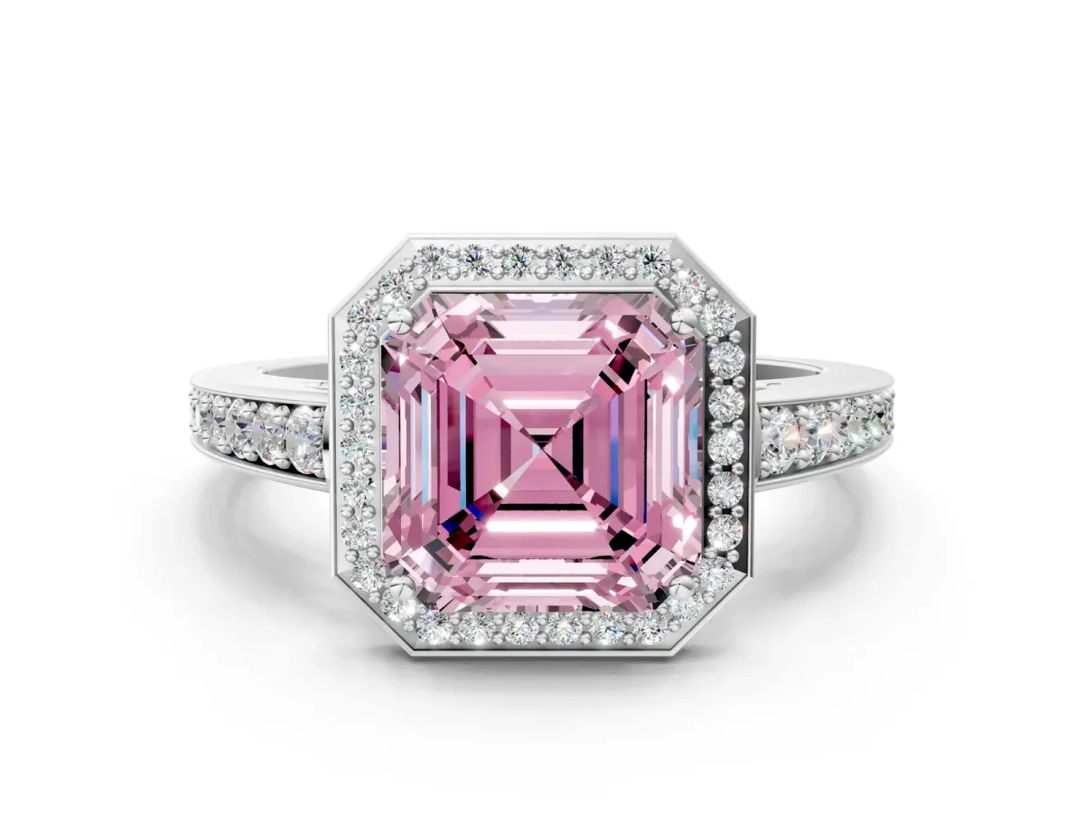 Fancy Pink Asscher Cut Halo Pavé Diamond Engagement Ring with Bezel Setting Silver