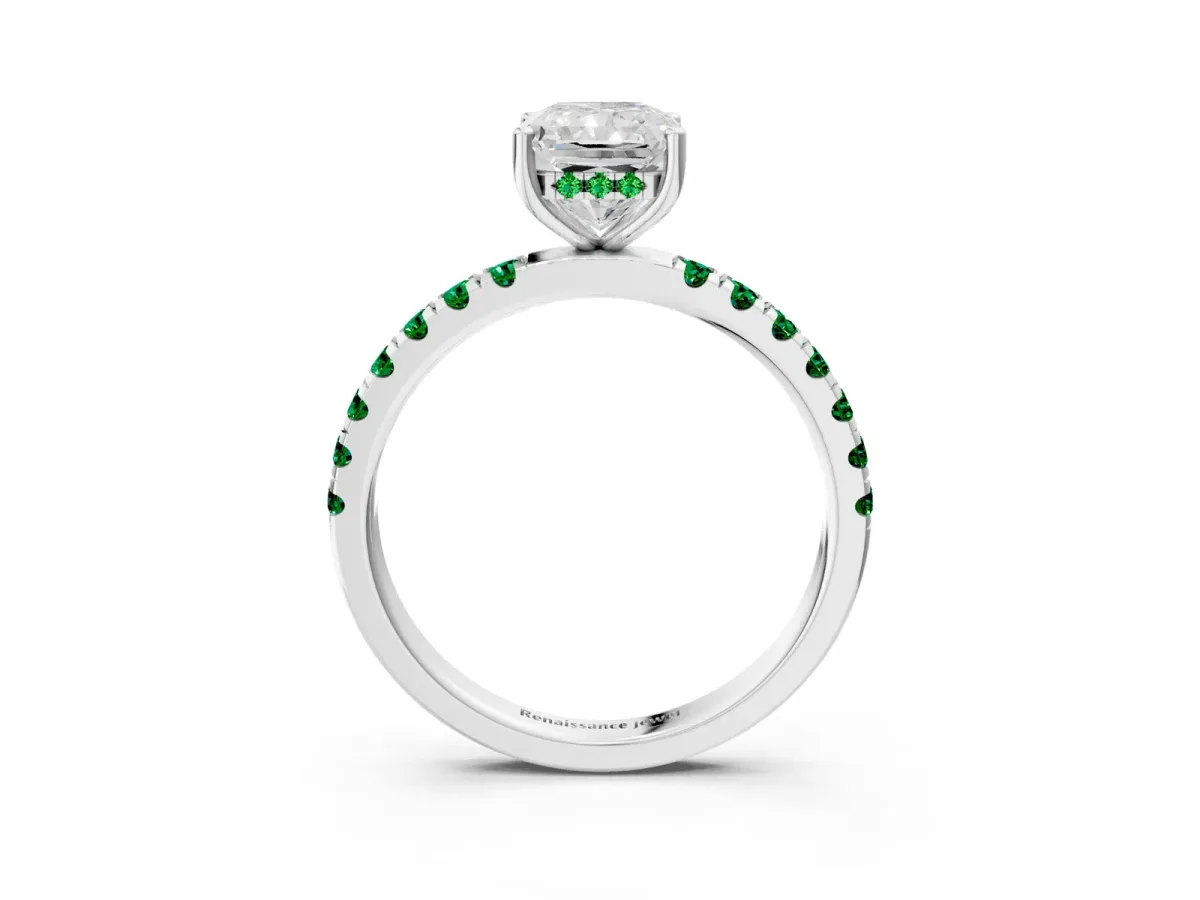 Radiant Cut Diamond Pave Band Solitaire Ring with Round Emerald and Prong Setting Silver