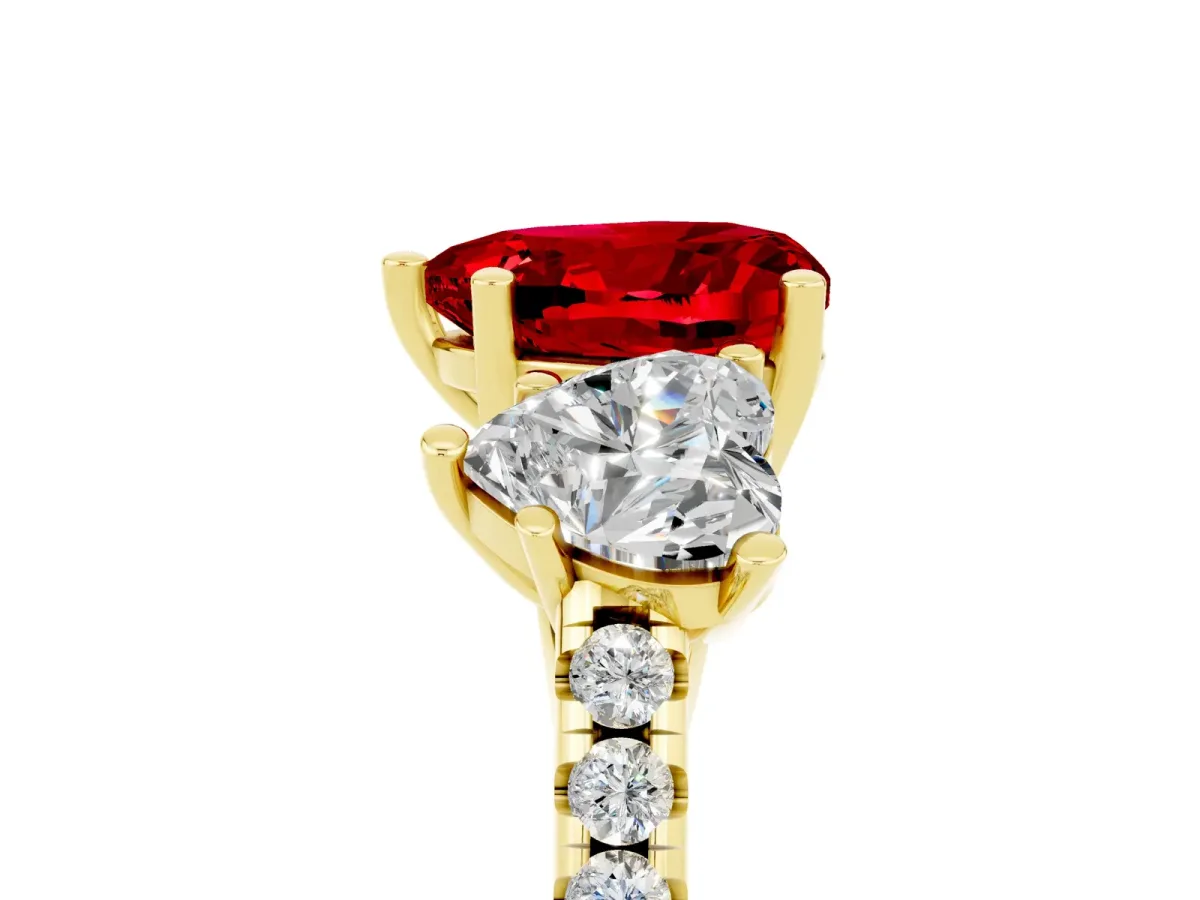 Three-Stone Heart Cut Ruby Ring with Round Pavé Band and Prong Setting Yellow gold
