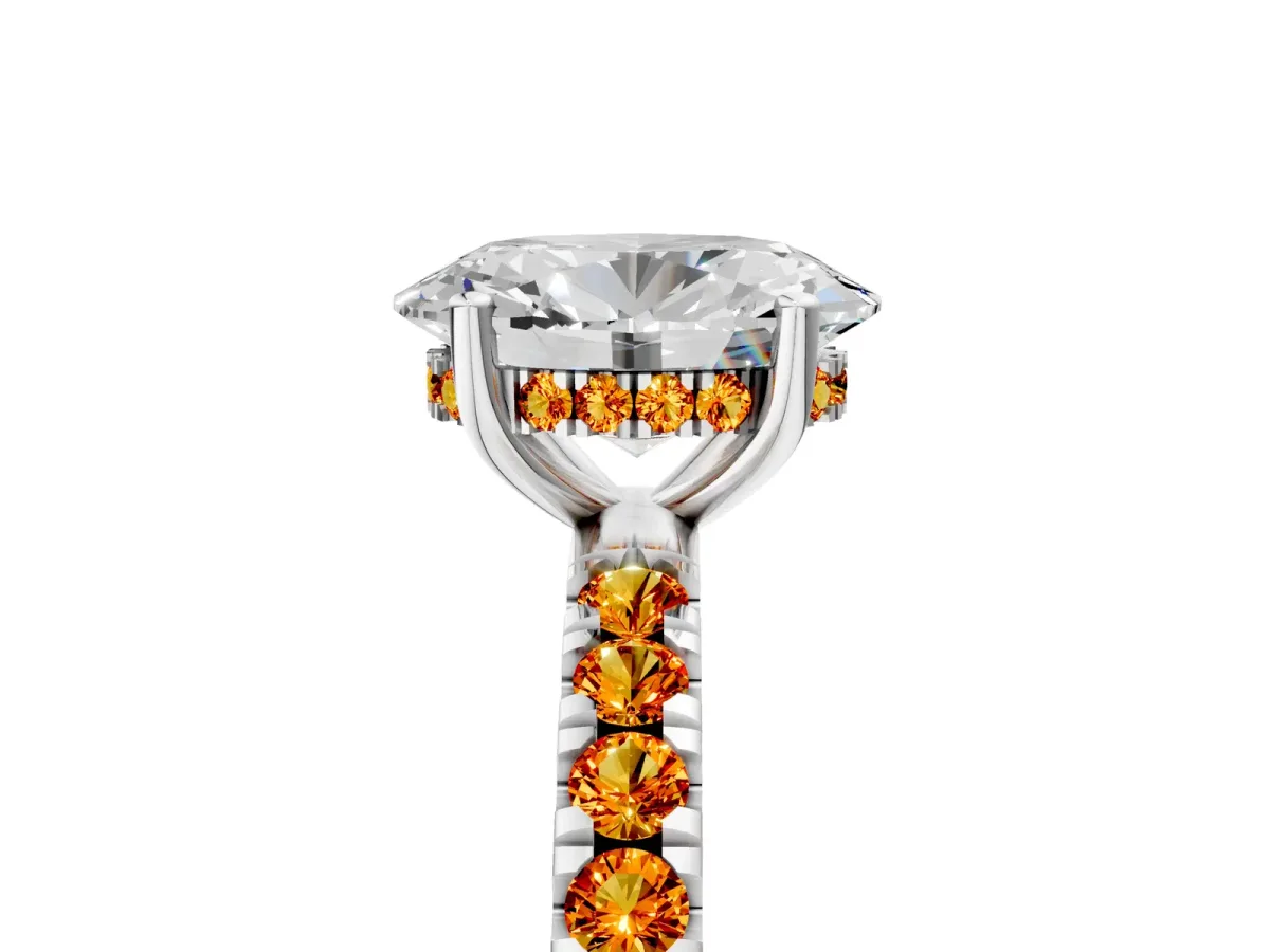 Oval Cut Diamond Pave Band Solitaire Ring with Round Citrine and Prong Setting Silver