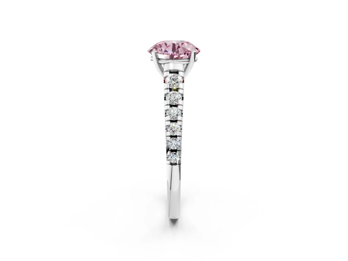 Fancy Pink Round Cut Diamond Cathedral Solitaire Ring with Round Pavé Band Silver