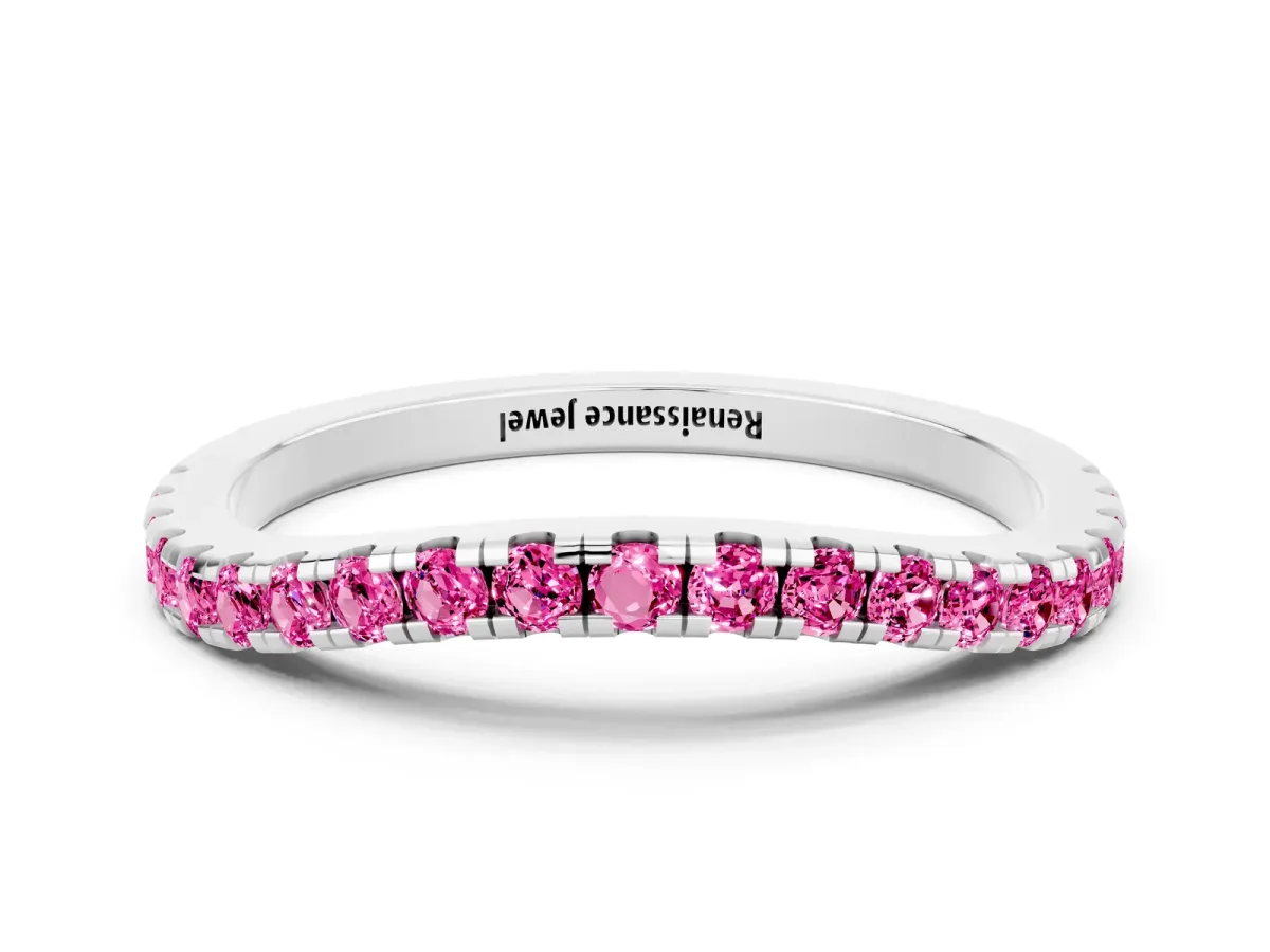 Round Pink Sapphire Pavé Half Eternity Band with Shared Prong Setting Platinum