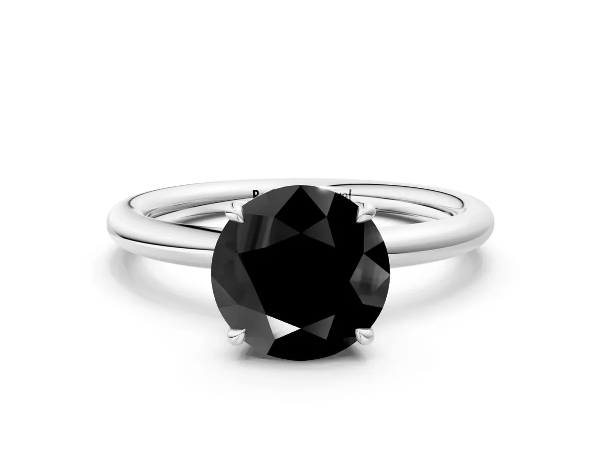 Fancy Black Round Cut Diamond Solitaire Ring with Thin Band and Four-Prong Setting Silver