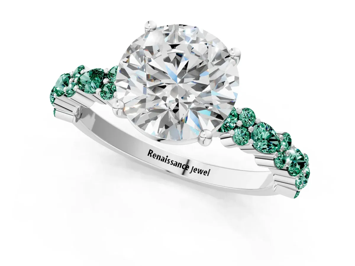 Round Cut Diamond Side Stone Solitaire Ring with Round Green Sapphire and Four-Prong Setting Silver