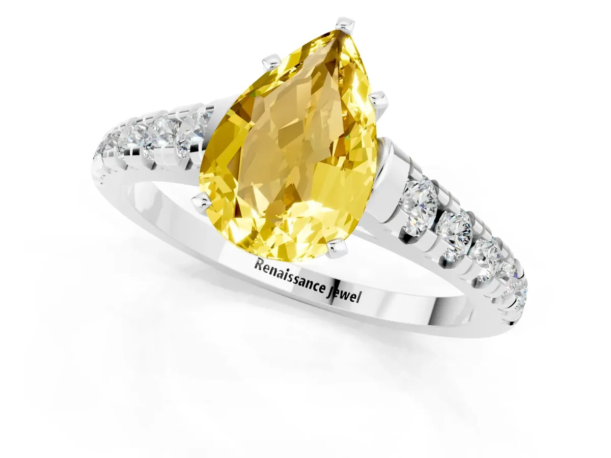 Pear Cut Yellow Sapphire Cathedral Solitaire Ring with Round Pavé Band Silver