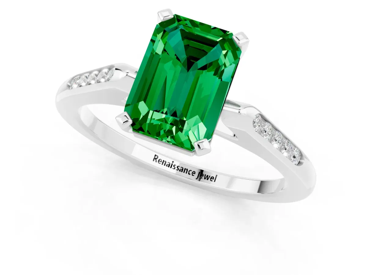 Emerald Cut Emerald Solitaire Ring with Channel Set Round Band and Prong Setting White gold